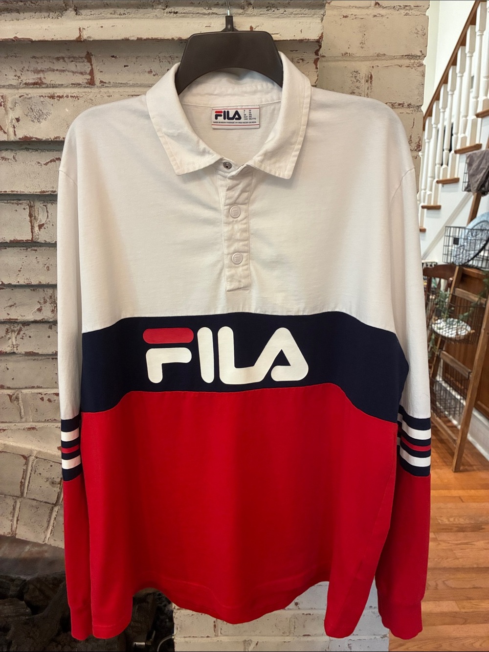 FILA White Navy Red Colorblock Rugby Polo with Snap Closures Size XXL